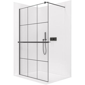 CERANO - Sprchová zástěna Walk-in Onyx Round L/P - 8 mm + polička/držák na ručníky - kulatá vzpěra  - černá matná, industriální sklo - 100x200 cm