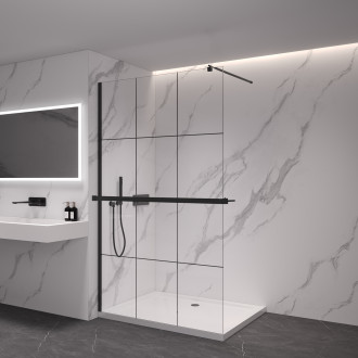 CERANO - Sprchová zástěna Walk-in Onyx Round L/P - 8 mm + polička/držák na ručníky - kulatá vzpěra  - černá matná, industriální sklo - 110x200 cm