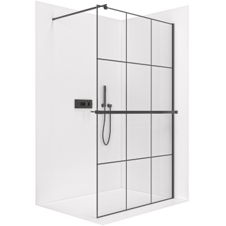 CERANO - Sprchová zástěna Walk-in Onyx Round L/P - 8 mm + polička/držák na ručníky - kulatá vzpěra  - černá matná, industriální sklo - 130x200 cm