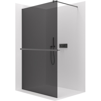 CERANO - Sprchová zástěna Walk-in Onyx Round L/P - 8 mm + polička/držák na ručníky - kulatá vzpěra - černá matná, grafitové sklo - 140x200 cm