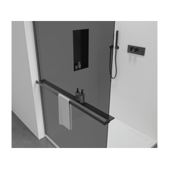 CERANO - Sprchová zástěna Walk-in Onyx Round L/P - 8 mm + polička/držák na ručníky - kulatá vzpěra - černá matná, grafitové sklo - 160x200 cm