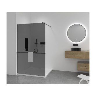 CERANO - Sprchová zástěna Walk-in Onyx Round L/P - 8 mm + polička/držák na ručníky - kulatá vzpěra - černá matná, grafitové sklo - 50x200 cm