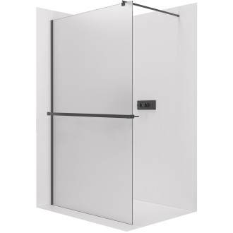 CERANO - Sprchová zástěna Walk-in Onyx Round L/P - 8 mm + polička/držák na ručníky - kulatá vzpěra - černá matná, mléčné sklo - 140x200 cm