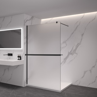 CERANO - Sprchová zástěna Walk-in Onyx Round L/P - 8 mm + polička/držák na ručníky - kulatá vzpěra - černá matná, mléčné sklo - 80x200 cm