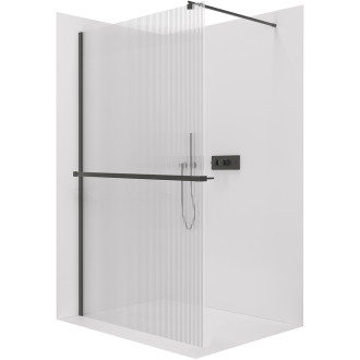 CERANO - Sprchová zástěna Walk-in Onyx Round L/P - 8 mm + polička/držák na ručníky - kulatá vzpěra - černá matná, rýhované sklo - 160x200 cm
