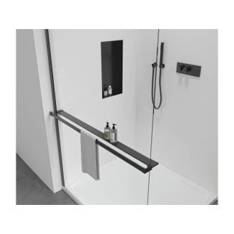 CERANO - Sprchová zástěna Walk-in Onyx Round L/P - 8 mm + polička/držák na ručníky - kulatá vzpěra - černá matná, transparentní sklo - 100x200 cm