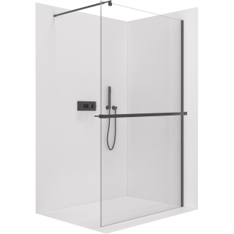 CERANO - Sprchová zástěna Walk-in Onyx Round L/P - 8 mm + polička/držák na ručníky - kulatá vzpěra - černá matná, transparentní sklo - 110x200 cm