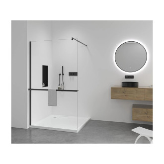 CERANO - Sprchová zástěna Walk-in Onyx Round L/P - 8 mm + polička/držák na ručníky - kulatá vzpěra - černá matná, transparentní sklo - 60x200 cm