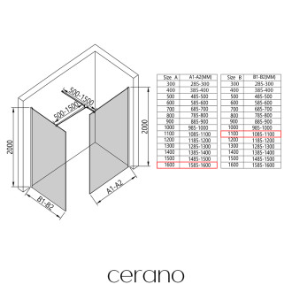 CERANO - Sprchová zástěna Walk-in Onyx T L/P - 10 mm - hranatá vzpěra - černá matná, transparentní sklo - 160x110x200 cm