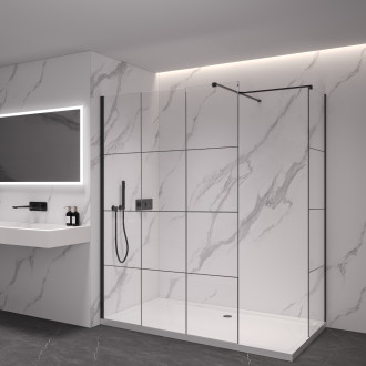 CERANO - Sprchová zástěna Walk-in Onyx T L/P - 8 mm - hranatá vzpěra - černá matná, industriální sklo - 150x140x200 cm