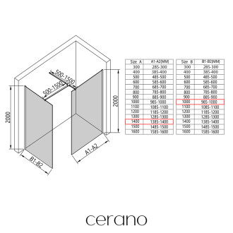 CERANO - Sprchová zástěna Walk-in Onyx T L/P - 8 mm - hranatá vzpěra - černá matná, mléčné sklo - 140x100x200 cm