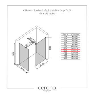 CERANO - Sprchová zástěna Walk-in Onyx T L/P - 8 mm - hranatá vzpěra - chrom, industriální sklo - 120x100x200 cm