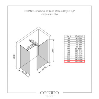 CERANO - Sprchová zástěna Walk-in Onyx T L/P - 8 mm - hranatá vzpěra - chrom, industriální sklo - 160x110x200 cm