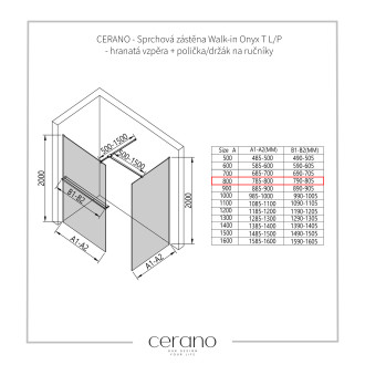 CERANO - Sprchová zástěna Walk-in Onyx T L/P - 8 mm - hranatá vzpěra + polička/držák na ručníky - černá matná, grafitové sklo - 80x80x200 cm