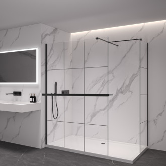 CERANO - Sprchová zástěna Walk-in Onyx T L/P - 8 mm - hranatá vzpěra + polička/držák na ručníky - černá matná, industriální sklo - 130x110x200 cm