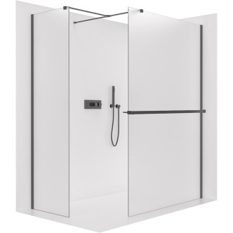 CERANO - Sprchová zástěna Walk-in Onyx T L/P - 8 mm - hranatá vzpěra + polička/držák na ručníky - černá matná, mléčné sklo - 150x110x200 cm
