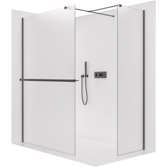 CERANO - Sprchová zástěna Walk-in Onyx T L/P - 8 mm - hranatá vzpěra + polička/držák na ručníky - černá matná, mléčné sklo - 150x80x200 cm