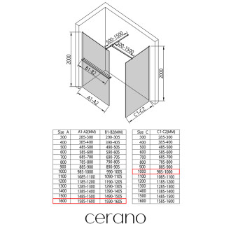 CERANO - Sprchová zástěna Walk-in Onyx T L/P - 8 mm - hranatá vzpěra + polička/držák na ručníky - černá matná, mléčné sklo - 160x100x200 cm
