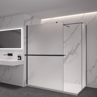 CERANO - Sprchová zástěna Walk-in Onyx T L/P - 8 mm - hranatá vzpěra + polička/držák na ručníky - černá matná, mléčné sklo- 150x130x200 cm