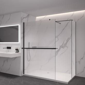 CERANO - Sprchová zástěna Walk-in Onyx T L/P - 8 mm - hranatá vzpěra + polička/držák na ručníky - černá matná, rýhované sklo - 100x70x200 cm