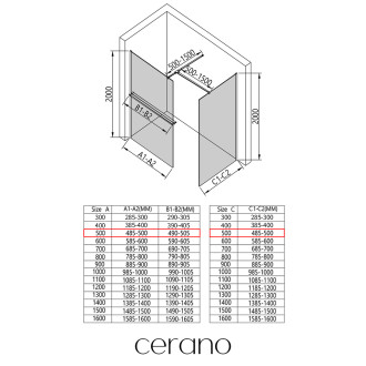 CERANO Sprchová zástěna Walk-in Onyx T L/P +držák černá mat, rýhované sklo 50x50