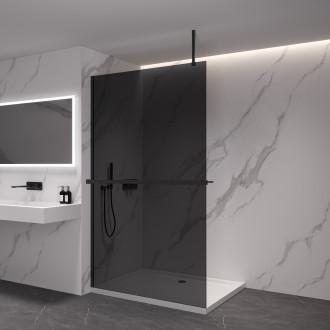 CERANO - Sprchová zástěna Walk-in Onyx Top Cube L/P - 8 mm - hranatá vzpěra + polička/držák na ručníky - černá matná, grafitové sklo - 50x200 cm