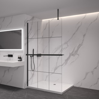 CERANO - Sprchová zástěna Walk-in Onyx Top Cube L/P - 8 mm - hranatá vzpěra + polička/držák na ručníky - černá matná, industriální sklo - 100x200 cm