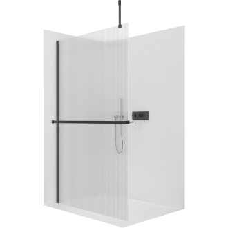 CERANO - Sprchová zástěna Walk-in Onyx Top Cube L/P - 8 mm - hranatá vzpěra + polička/držák na ručníky - černá matná, rýhované sklo - 140x200 cm