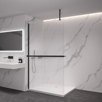 CERANO - Sprchová zástěna Walk-in Onyx Top Cube L/P - 8 mm - hranatá vzpěra + polička/držák na ručníky - černá matná, rýhované sklo - 90x200 cm