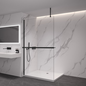 CERANO - Sprchová zástěna Walk-in Onyx Top Cube L/P - 8 mm - hranatá vzpěra + polička/držák na ručníky - černá matná, transparentní sklo - 80x200 cm