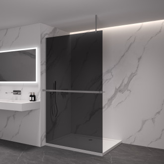 CERANO - Sprchová zástěna Walk-in Onyx Top Cube L/P - 8 mm - hranatá vzpěra + polička/držák na ručníky - chrom, grafitové sklo - 110x200 cm