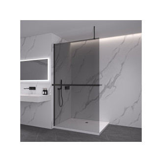 CERANO - Sprchová zástěna Walk-in Onyx Top Round L/P - 10 mm - kulatá vzpěra + polička/držák na ručníky - černá matná, grafitové sklo - 100x200 cm