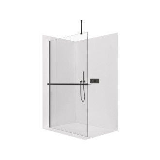 CERANO - Sprchová zástěna Walk-in Onyx Top Round L/P - 10 mm - kulatá vzpěra + polička/držák na ručníky - černá matná, transparentní sklo - 160x200 cm