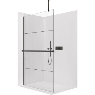 CERANO - Sprchová zástěna Walk-in Onyx Top Round L/P - 8 mm - kulatá vzpěra + polička/držák na ručníky - černá matná, industriální sklo - 120x200 cm