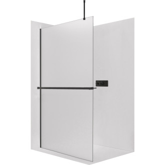 CERANO - Sprchová zástěna Walk-in Onyx Top Round L/P - 8 mm - kulatá vzpěra + polička/držák na ručníky - černá matná, mléčné sklo - 140x200 cm