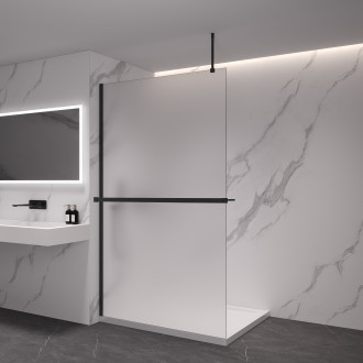 CERANO - Sprchová zástěna Walk-in Onyx Top Round L/P - 8 mm - kulatá vzpěra + polička/držák na ručníky - černá matná, mléčné sklo - 150x200 cm