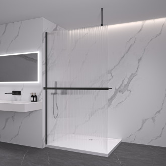 CERANO - Sprchová zástěna Walk-in Onyx Top Round L/P - 8 mm - kulatá vzpěra + polička/držák na ručníky - černá matná, rýhované sklo - 120x200 cm