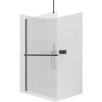 CERANO - Sprchová zástěna Walk-in Onyx Top Round L/P - 8 mm - kulatá vzpěra + polička/držák na ručníky - černá matná, rýhované sklo - 160x200 cm