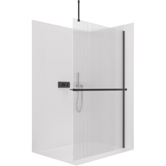 CERANO - Sprchová zástěna Walk-in Onyx Top Round L/P - 8 mm - kulatá vzpěra + polička/držák na ručníky - černá matná, rýhované sklo - 160x200 cm