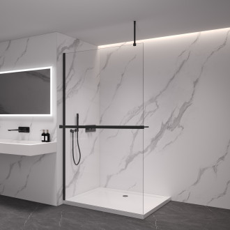 CERANO - Sprchová zástěna Walk-in Onyx Top Round L/P - 8 mm - kulatá vzpěra + polička/držák na ručníky - černá matná, transparentní sklo - 160x200 cm