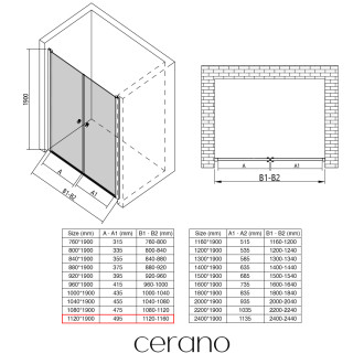 CERANO - Sprchové 2-křídlové dveře Antelo L/P - 6 mm - černá matná, transparentní sklo - 112x190 cm