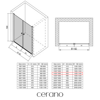 CERANO Sprchové 2-křídlové dveře Antelo L/P černá mat, transparent sklo 140x190