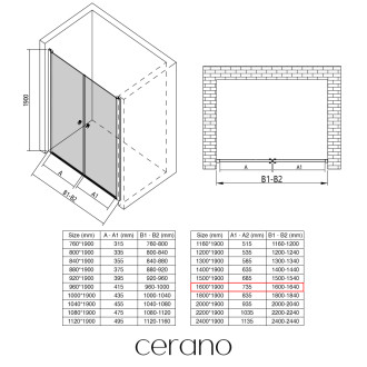 CERANO - Sprchové 2-křídlové dveře Antelo L/P - 6 mm - černá matná, transparentní sklo - 160x190 cm