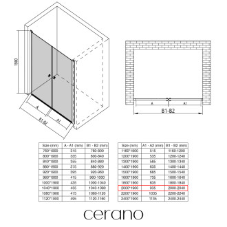 CERANO Sprchové 2-křídlové dveře Antelo L/P černá matná, transp.sklo 200x190cm CER-440414
