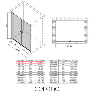 CERANO Sprchové 2-křídlové dveře Antelo L/P černá matná, transp.sklo 76x190 cm CER-432340