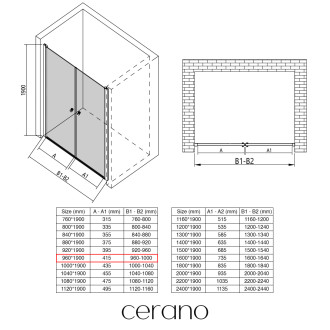 CERANO - Sprchové 2-křídlové dveře Antelo L/P - 6 mm - chrom, transparentní sklo - 96x190 cm