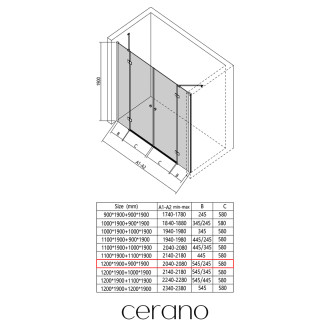 CERANO - Sprchové 2-křídlové pantové dveře Marino L/P - 6 mm - černá matná, transparentní sklo - 208(119+89)x190 cm