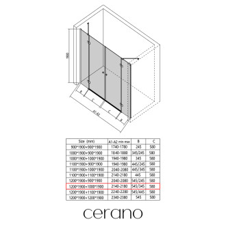 CERANO - Sprchové 2-křídlové pantové dveře Marino L/P - 6 mm - černá matná, transparentní sklo - 218(119+99)x190 cm
