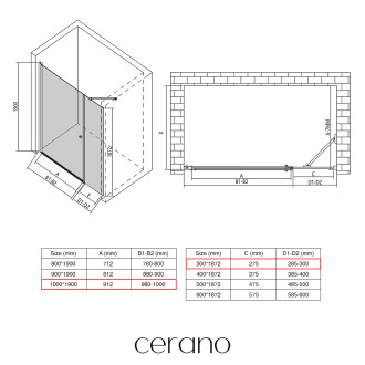 CERANO - Sprchové křídlové dveře Antelo s pevnou částí  L/P - 6 mm - černá matná, transparentní sklo - 100x30x190 cm