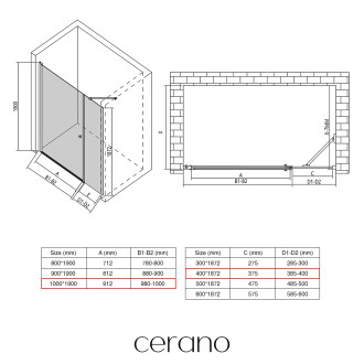 CERANO - Sprchové křídlové dveře Antelo s pevnou částí  L/P - 6 mm - černá matná, transparentní sklo - 100x40x190 cm